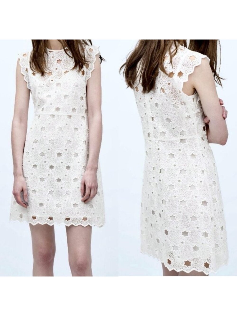 Zara Guipure Lace Stars Shift Dress Womens M White Slip Lined Cap Sleeves Party‎